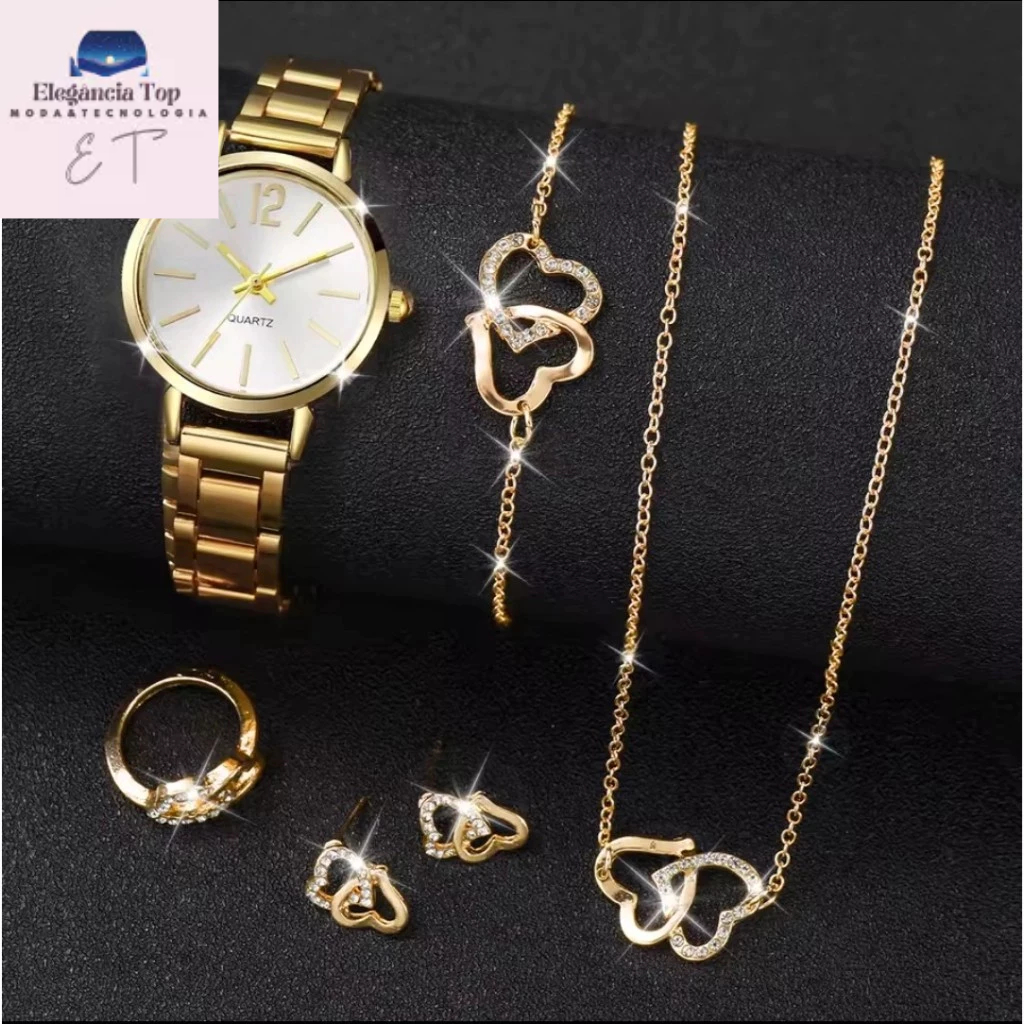 Relógio Feminino Moda Ouro Banda de Aço Relógios de Quartzo Conjunto de Jóias 6 peças