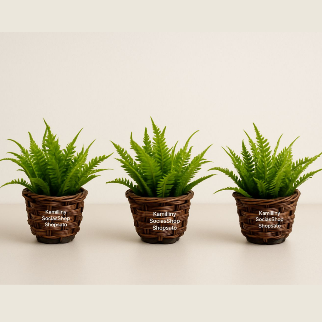 3 Arranjos Vasinhos Vime 5cm Decorativos + 3 Ramos Pick Samambaia Planta Artificial Realista Verde D