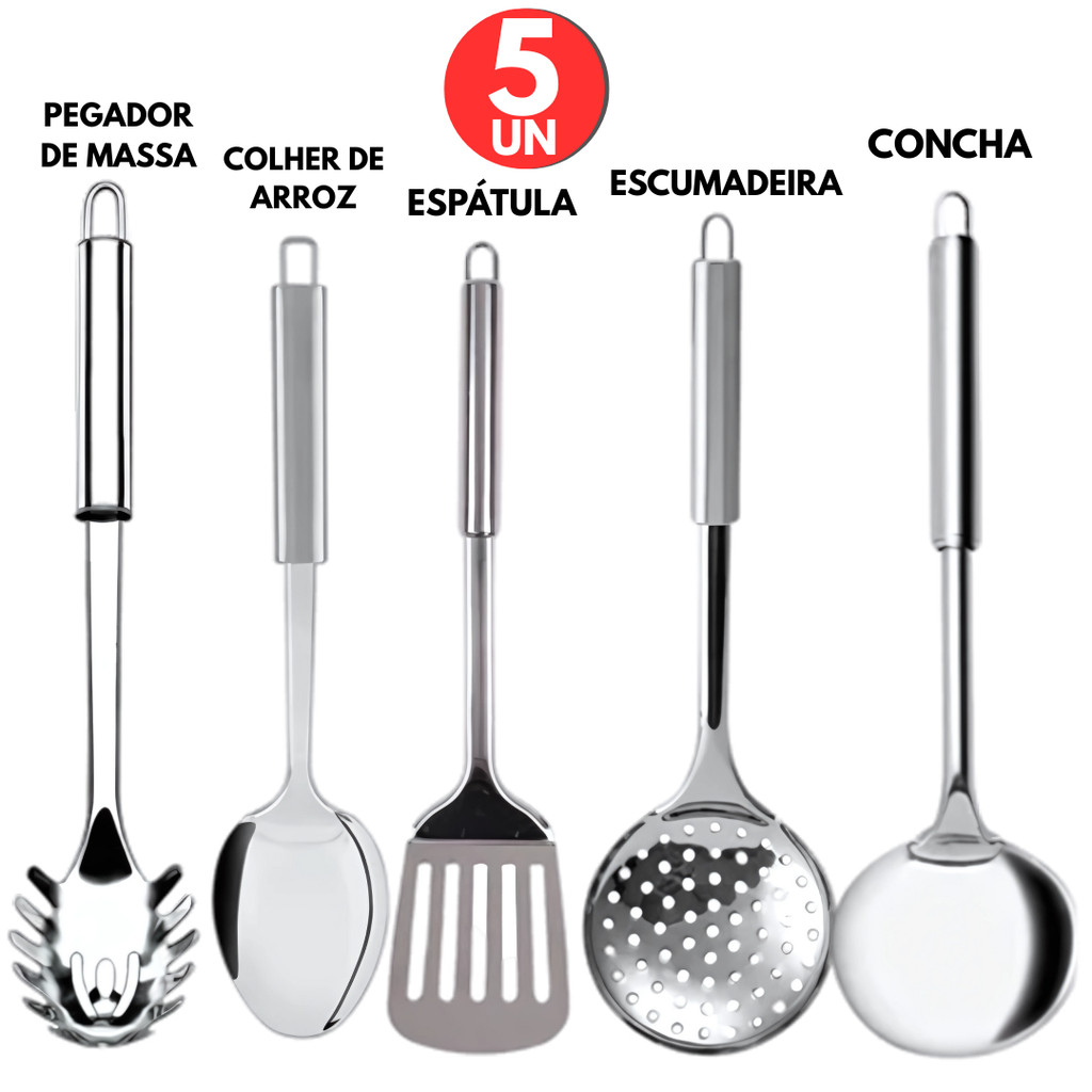 Kit 5 Pçs Utensilios de Cozinha Inox , Escumadeira, Concha, Espátula Vazada, Colher Arroz, Pegad Mas