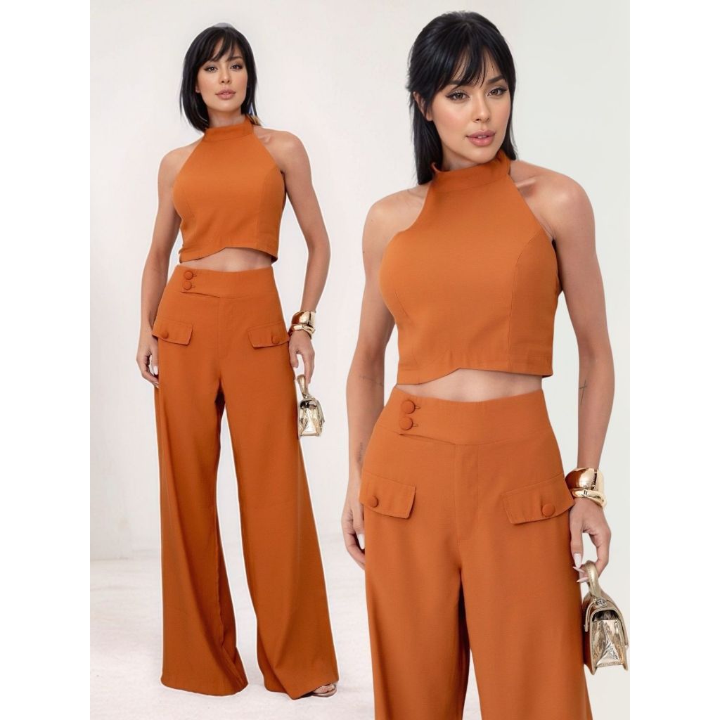 Conjunto Feminino Alfaiataria Cropped Frente Unica e Calça Pantalona Elegante