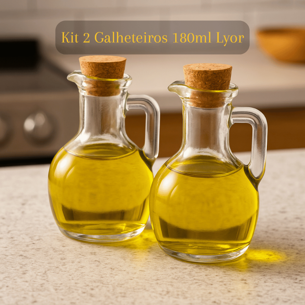 Kit 2 Galheteiros 10cm Porta Azeite Vinagre Vidro Tampa Cortiça 180 ml Lyor