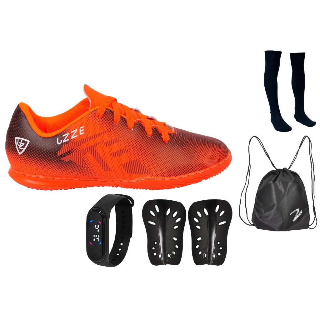 Chuteira Futsal Salão Quadra Nova UZ Adulto Infantil Meião Relógio Mochila Caneleira