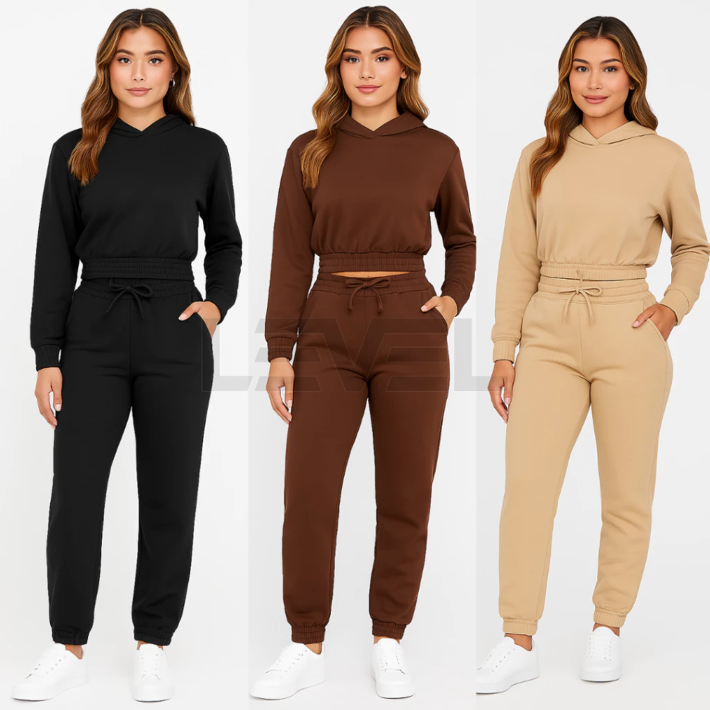 Conjunto Feminino de Moletom Calça Jogger e Cropped Com Capuz