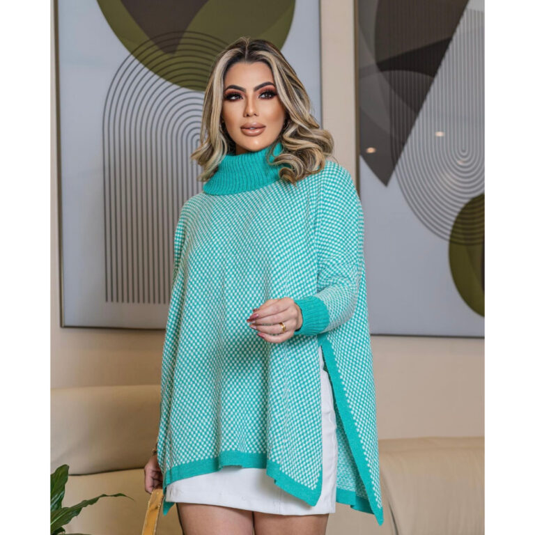 Blusa feminina estilo poncho longo gola alta, peç