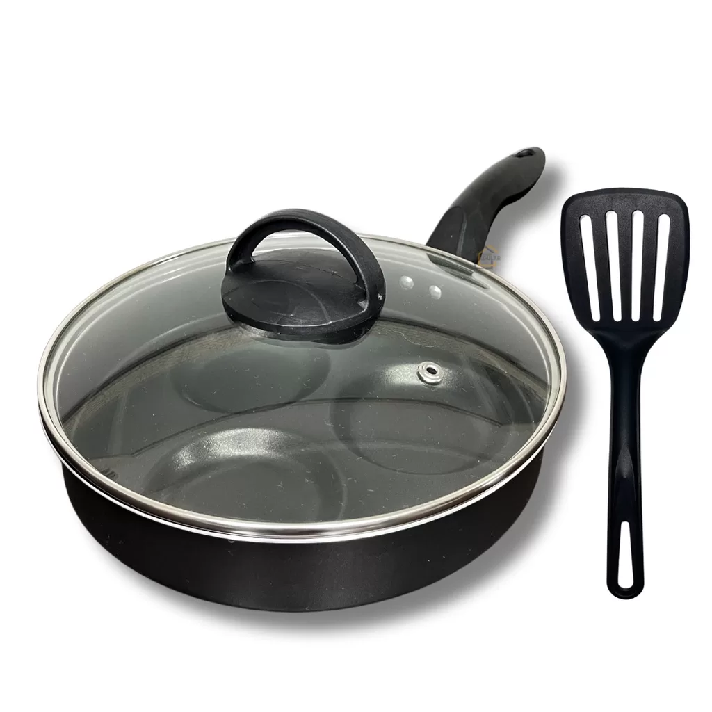 Frigideira Alta 22 cm 3 Ovos Antiaderente com Tampa de Vidro e Espátula Nylon Cor Preto
