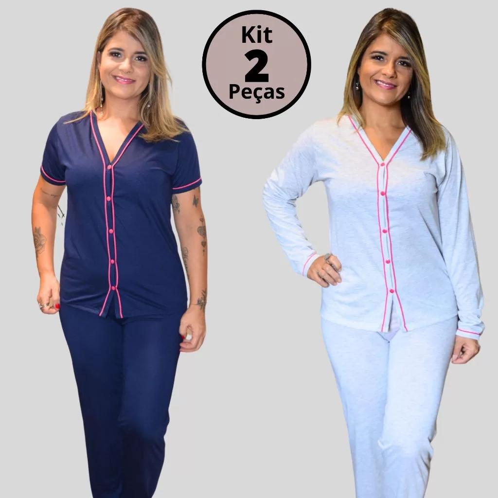 Kit 2 Pijamas Amamentação Longo feminino de Inverno com Botões em Malha Cores Sortidas