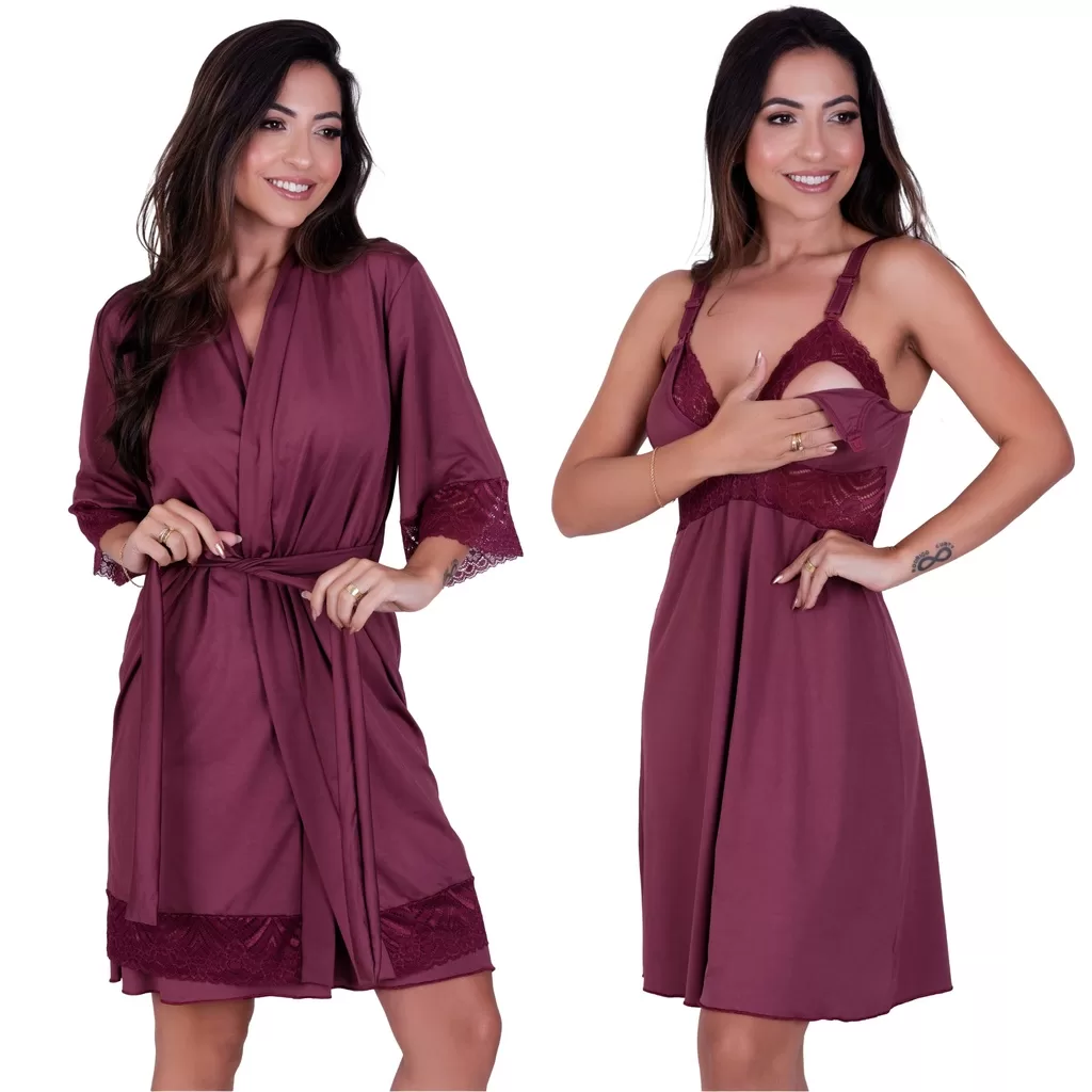 Kit Camisola Amamentação e Robe Pós Parto Saída Maternidade Confortável Gestante