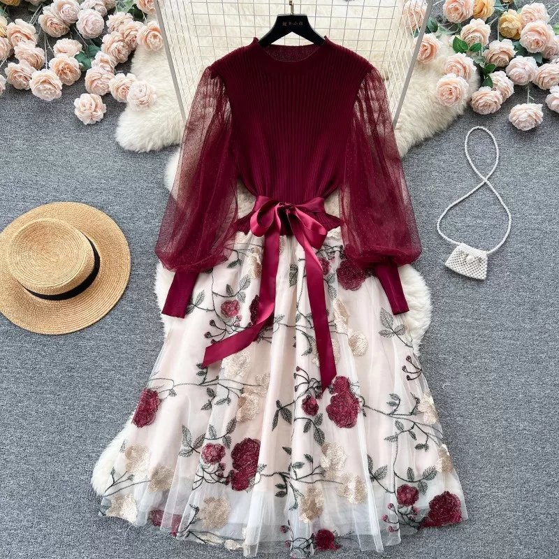 Vestido De Moda Feminino Francês Em Malha Bordado Elegante Primavera Outono Vintage Slim Linha A Lon