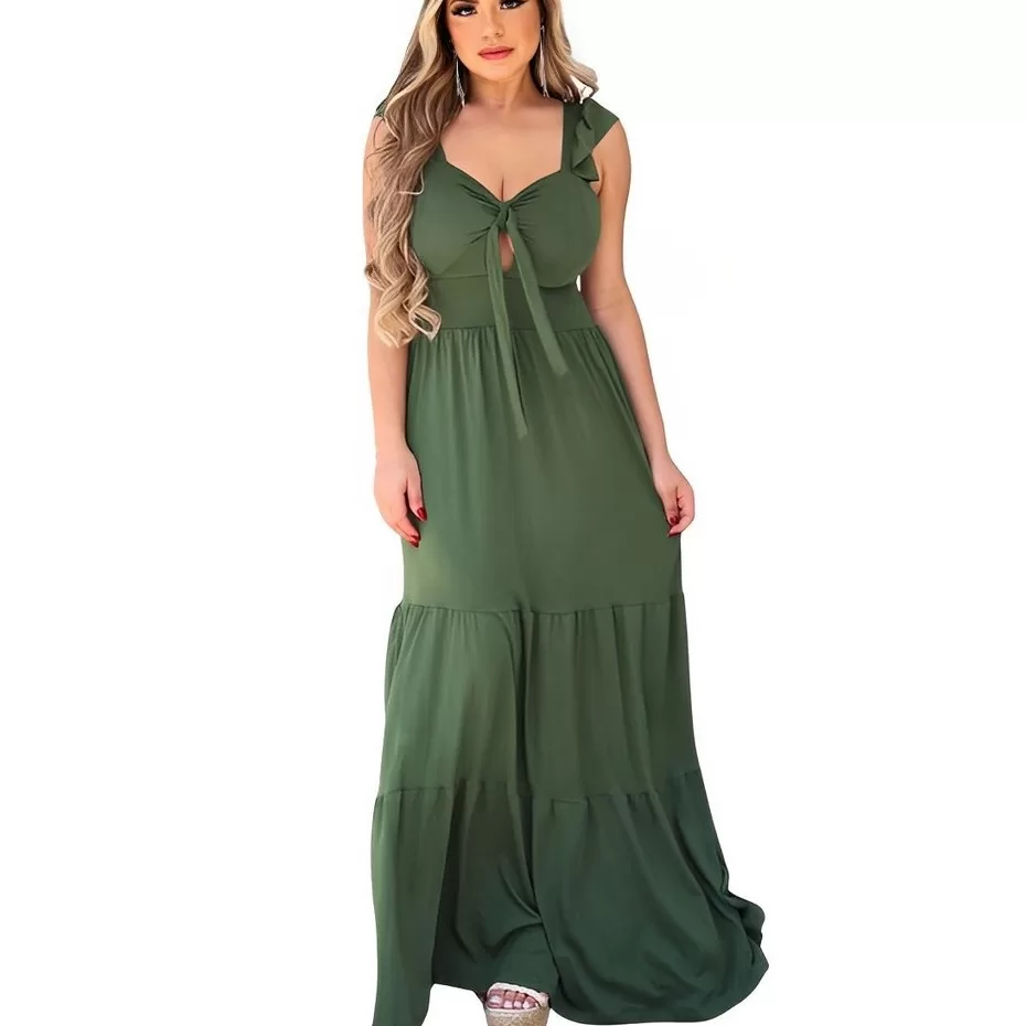 Vestido Longo Regata Amarração Frente Rodado bojo Feminino Casual