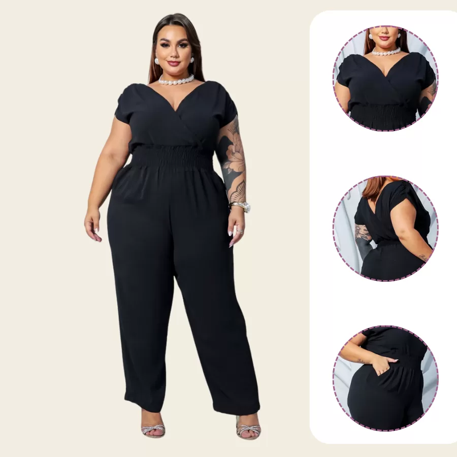 Macacão Pantalona Lastex na Cintura que Modela Plus Size Transpassado Decote V Confortável Lia Rosa