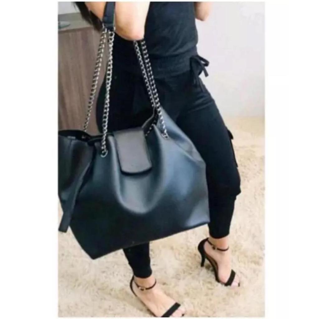 Bolsa Feminina Sacola Espaçosa + Carteira Alça Corrente Grossa