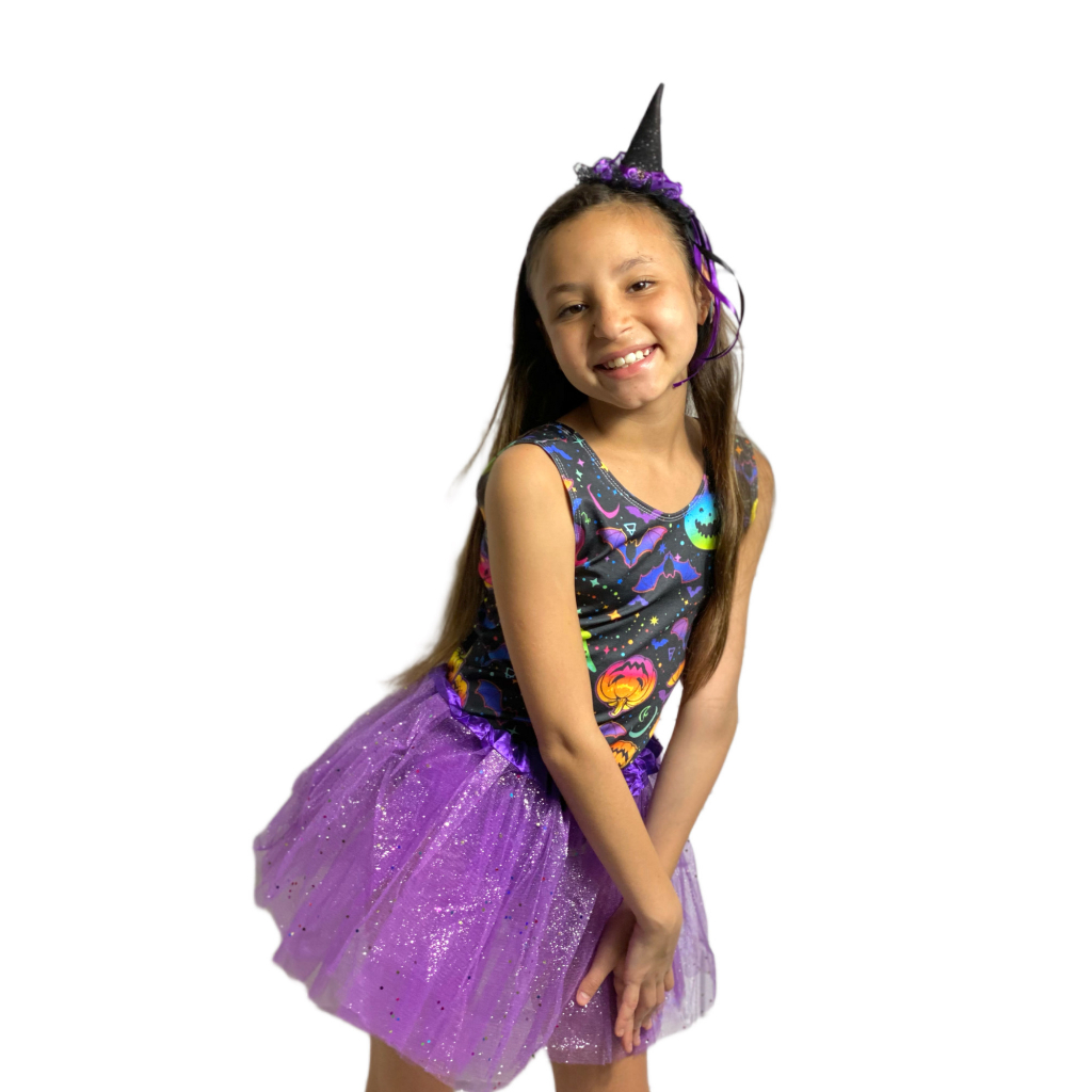 Kit Fantasia Infantil Carnaval Menina Body Abóbora + Saia De Tule + Arquinho De Chapéu Bruxinha