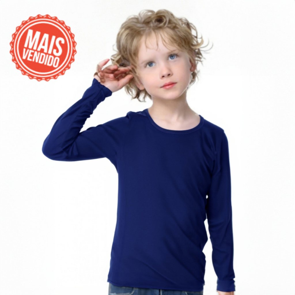 Camisa Térmica Azul Marinho Infantil e Juvenil 2 a 14 Anos Proteção Contra Raios Solares Uv 50+