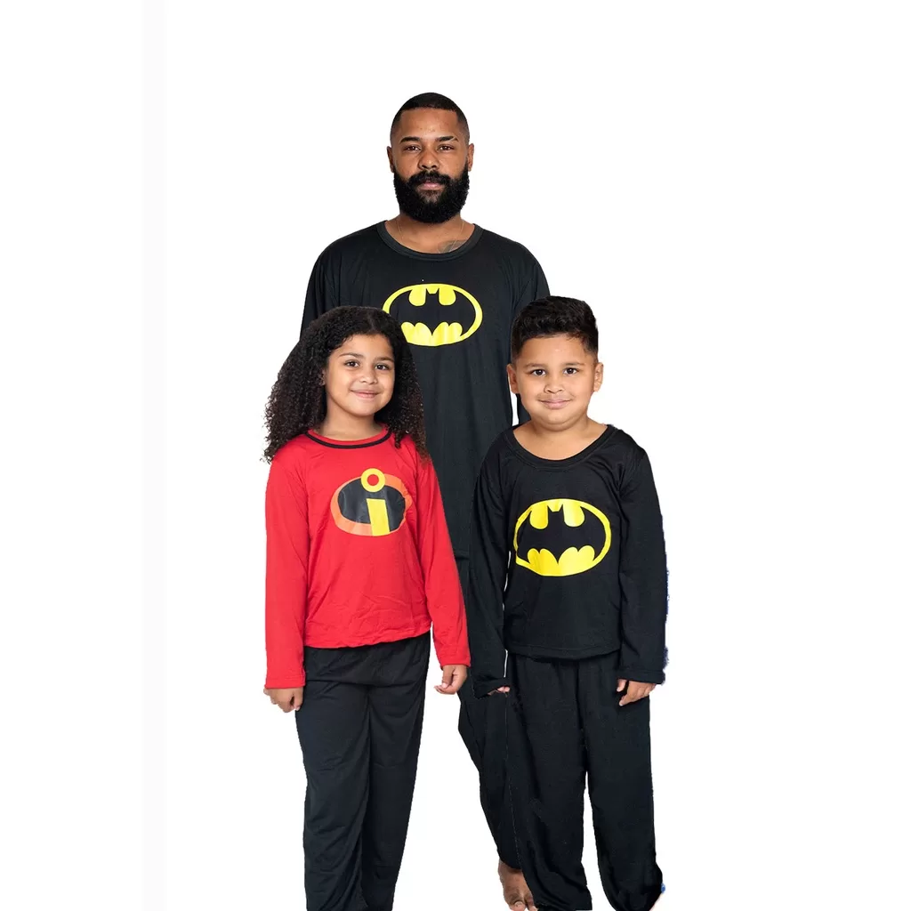 Kit 3 Pijamas Manga Longa Pai e 2 Filhos Inverno Família Super Herói