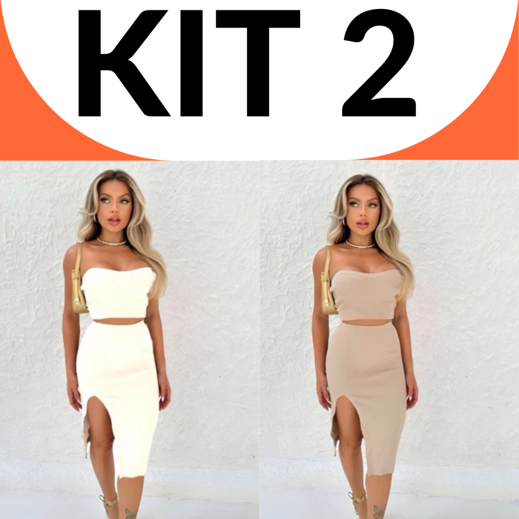 Kit 2 Conjunto Cropped e Saia Midi Com Fenda Feminina Anarruga  VERMELHO ,NUDE ENVIO IMEDIATO