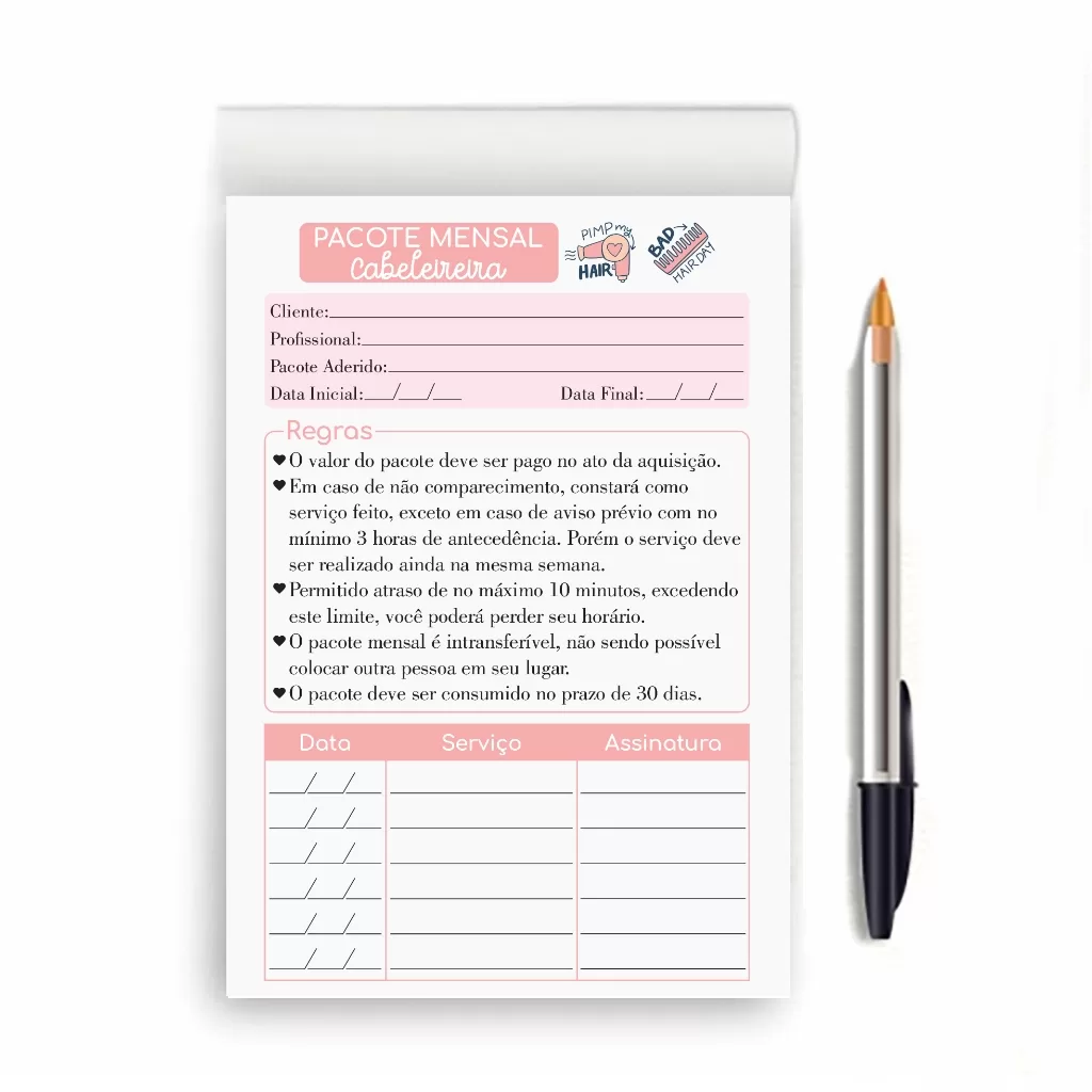 100 FOLHAS PACOTE MENSAL CABELEREIRA A5 14X21CM EM BLOCO DESTACÁVEL