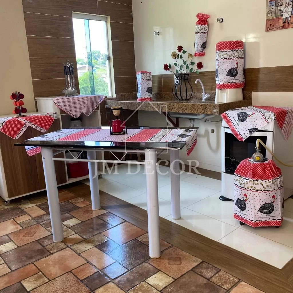 Kit de Cozinha 10 Peças com Puxa Saco Capricho Estampo em Tecido Oxford Nacional Envio Rapido