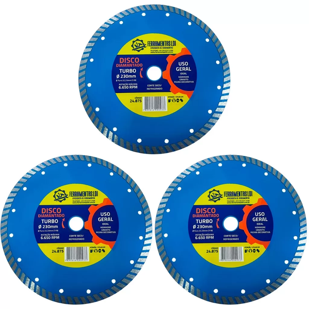 Kit 3 Discos de Corte Diamantado Turbo 230mm 9 Industrial Ferramentas LDI