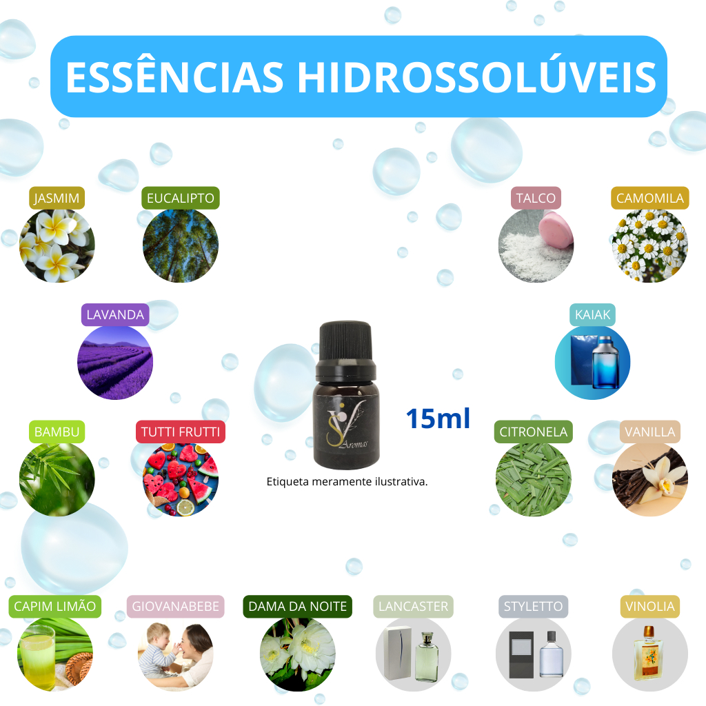 Kit 3 ou 6 Essências Hidrossolúvel 15ml para Umidificador, Aromatizador, Difusor. A Base d Água