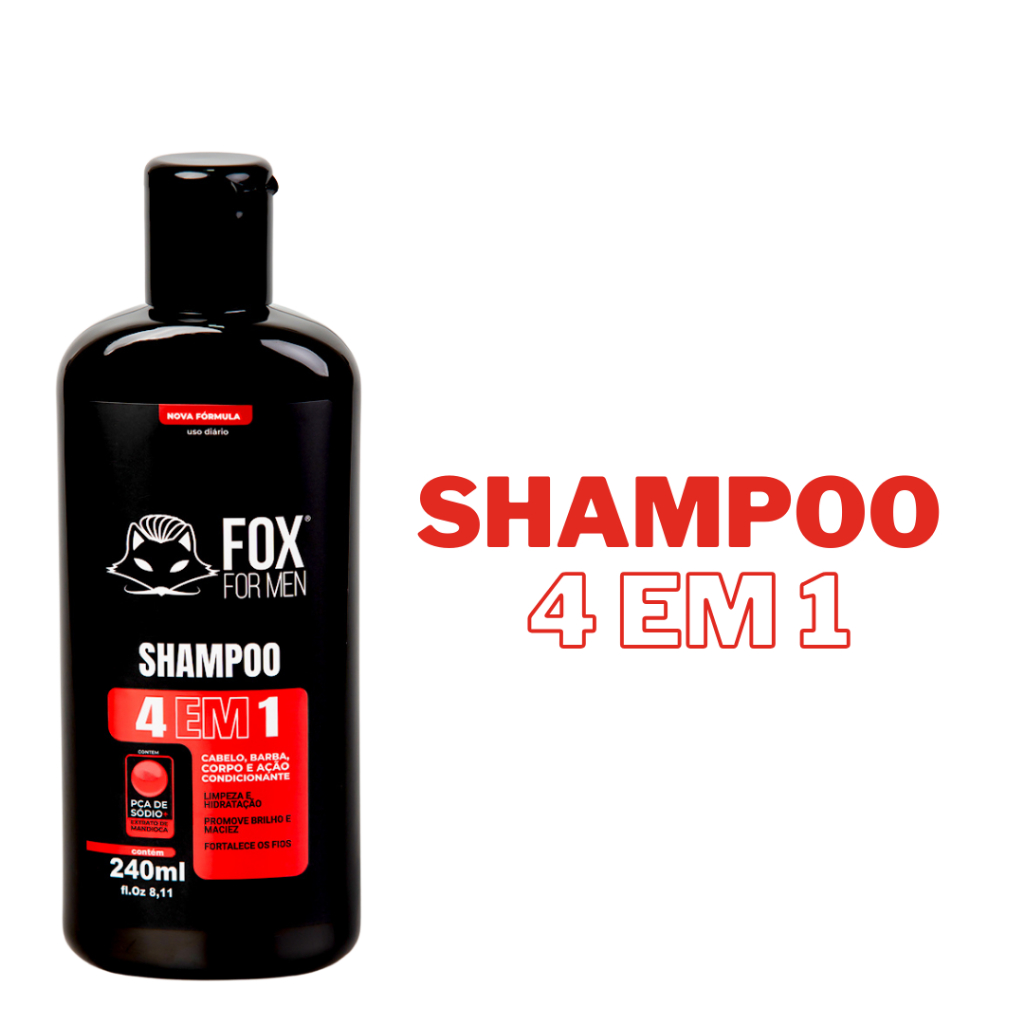 Shampoo 4 em 1 para cabelo, barba e corpo: Fox For Men
