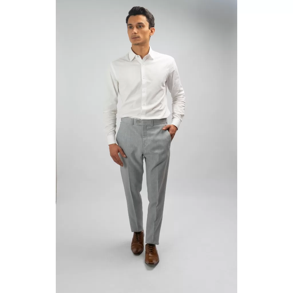 Calça Social Masculina Alfaiataria Slim Cinza Claro Textura tipo Linho, Cós Transpassado, Sem Barra