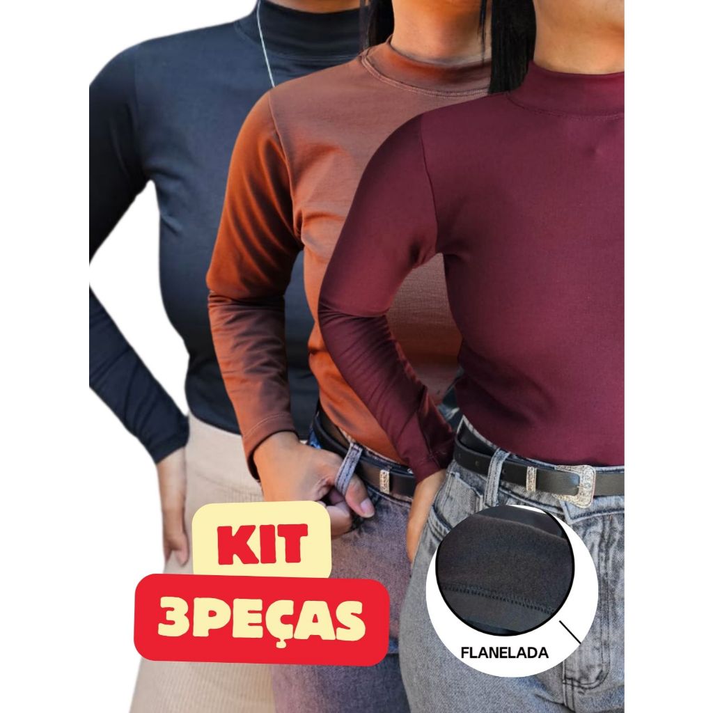 Kit 3 Blusa Manga Longa Gola Alta Térmica Flanelado Premium Segunda Pele Cacharrel Felpada Interno