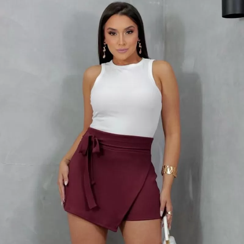 SHORT SAIA ENVELOPE FEMININO LAÇO FRONTAL ASSIMÉTRICO CINTURA ALTA ENVIO IMEDIATO