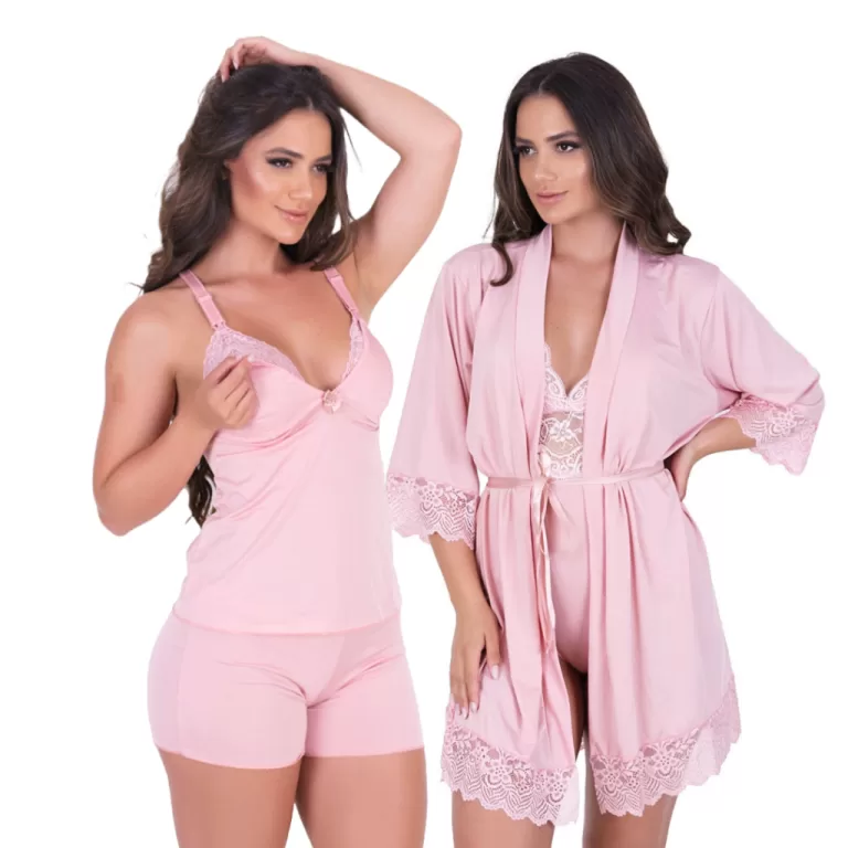 Kit Babydoll de Amamentar e Robe Feminino para Pó