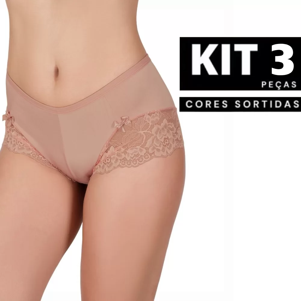 Kit 1 à 3 Calcinha Plus Size Feminina Confortável Com Detalhes em Renda