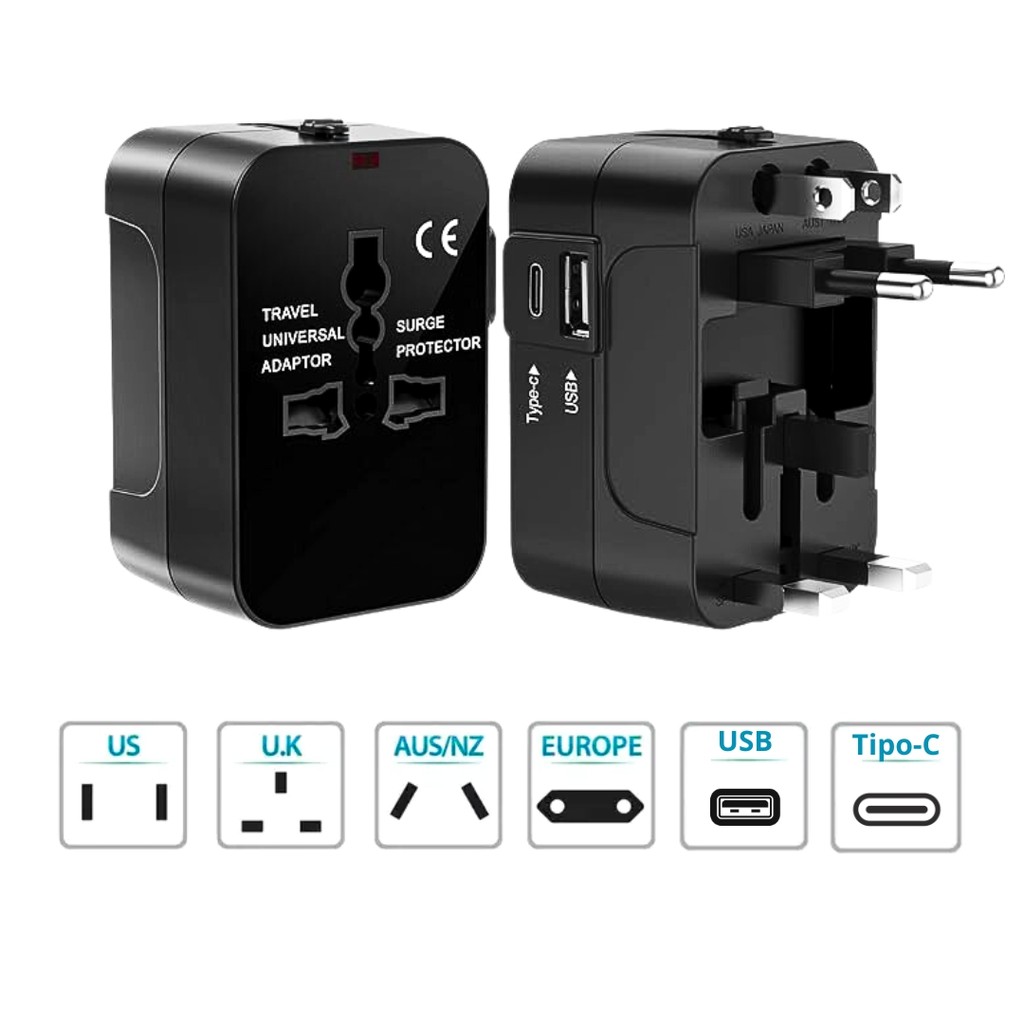 Adaptador Universal Tomada Para Viagem Padrão Internacional com Entrada Tipo-C e USB