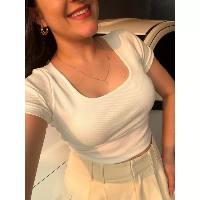 Blusa Cropped Feminino Manga Curta Gola U Canelado