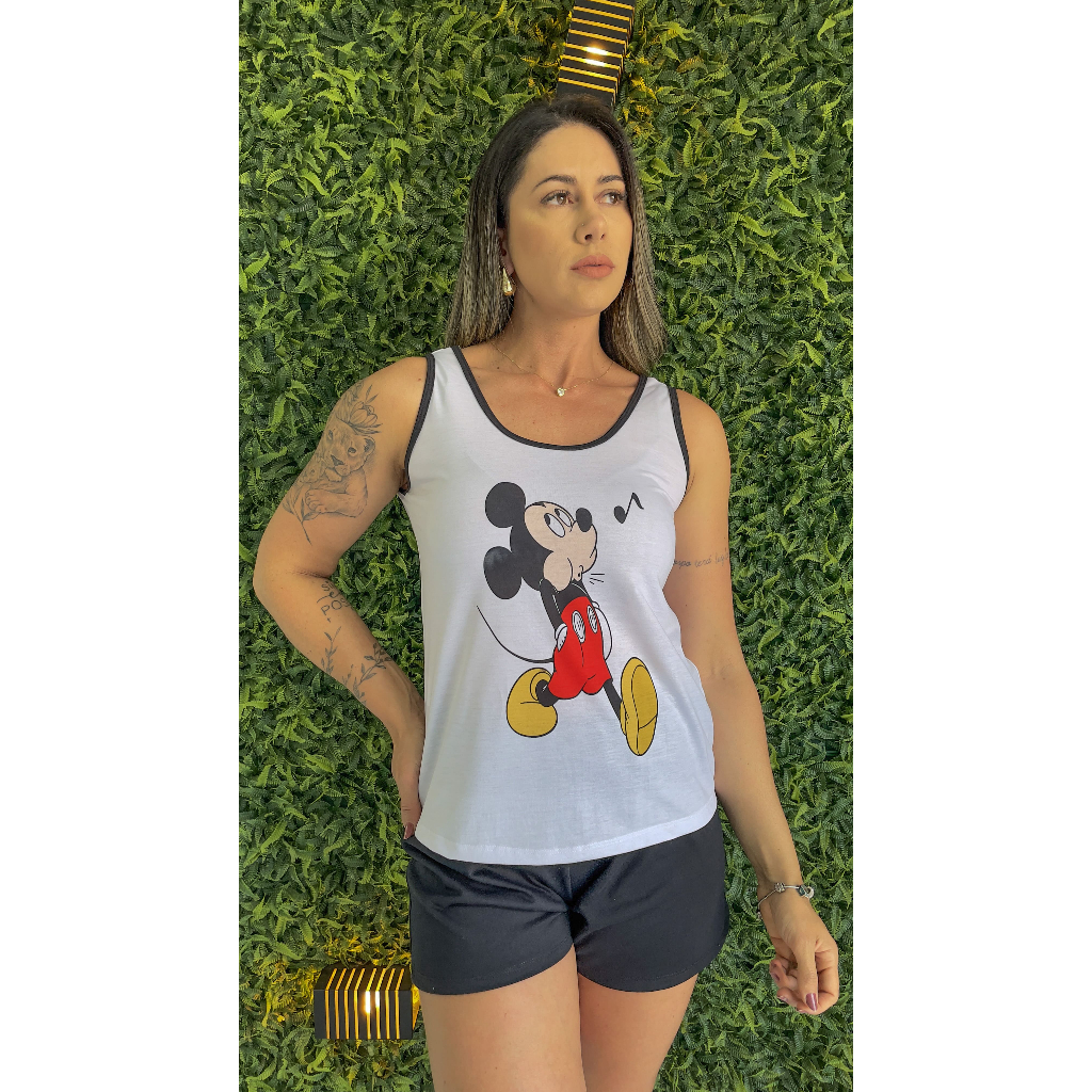 Pijama Feminino Adulto Regata Mickey Doll Curto De Verão