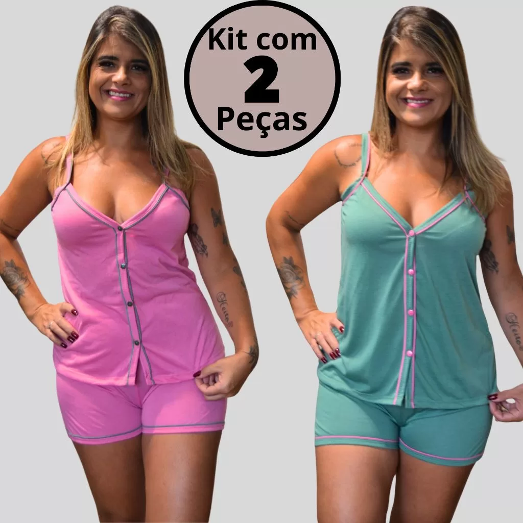 Kit 2 Pijamas Baby Doll Amamentação Cirurgico botoes em Malha blogueirinha
