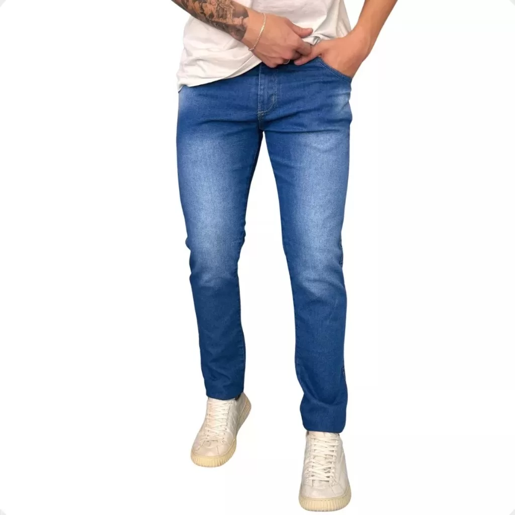Calça Jeans Masculina Skinny Tradicional Lycra Azul medio lavagem Premium