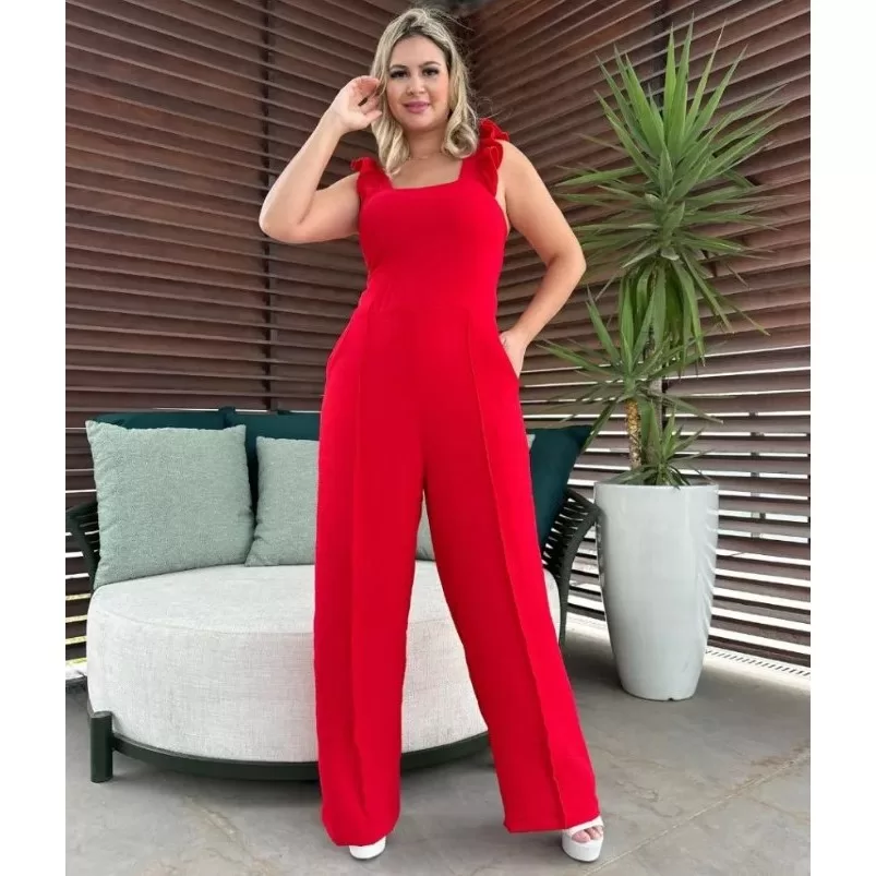 Macacão Feminino Longo Pantalona Alça Babados Decote Reto dois Bolsos Elegante