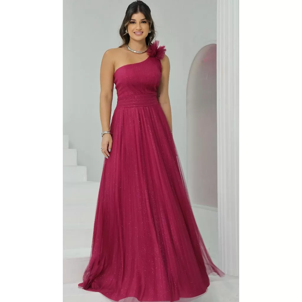 Vestido Feminino De Festa Brilhante Plissado Um Ombro Só Para Festa Casamento Formatura