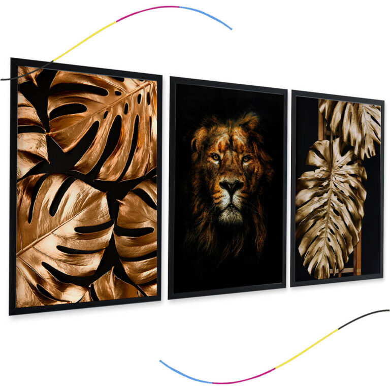 Quadro decorativo leão, folhas, goldem, douradas,