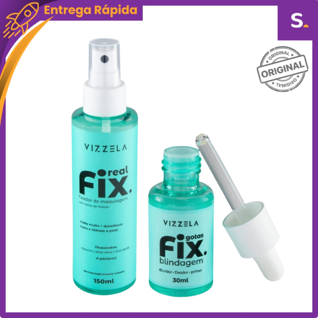 Kit Fixação de Maquiagem  Real Fix + Gotas Fix para Blindagem, Fixação e Durabilidade – Vizzela