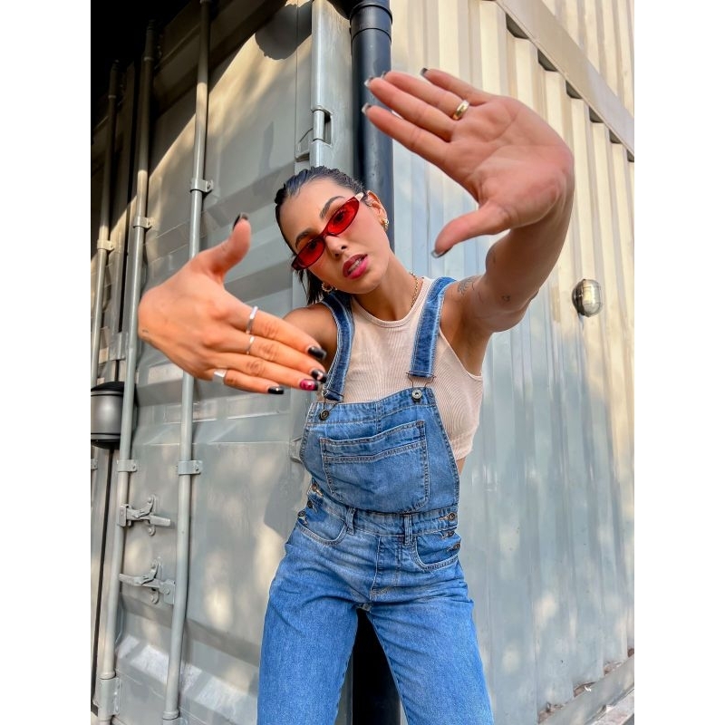 Jardineira Jeans Slim  Longo Macacão Premium Cintura Alta Calça Soltinho Suspensorio