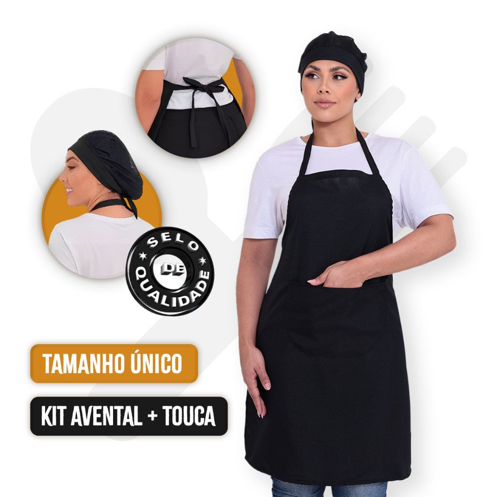 Kit Com Avental e Touca Redinha Lavável Uniforme Cozinha Casa Restaurante Padaria