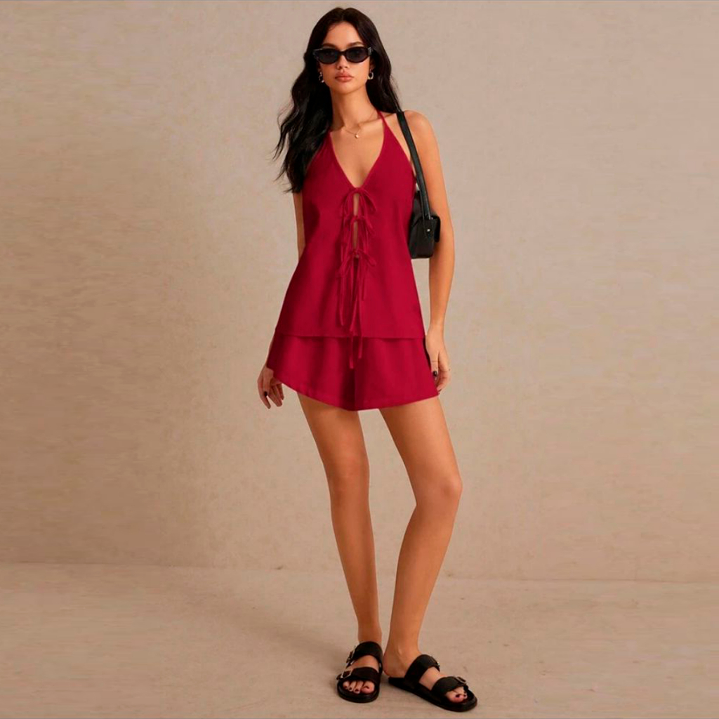Conjunto de Verão Feminino de Short Bermuda + Blusa Bata Regata Frente Única Moda Tendencia Exclusiv