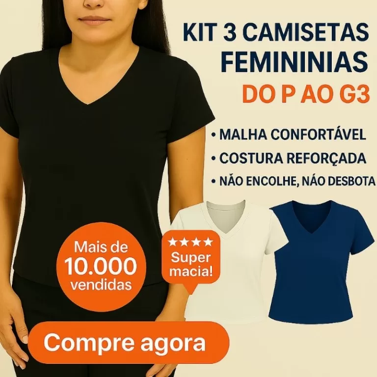 kit 3 Baby look camiseta feminina básica algodão