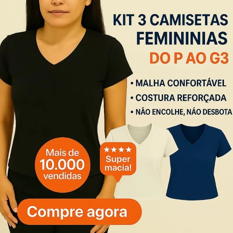 kit 3 Baby look camiseta feminina básica algodão-plus size