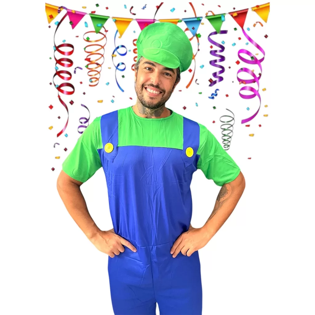 Fantasia Masculina Carnaval Festa a fantasia Mario ou Luigi macacão e cap