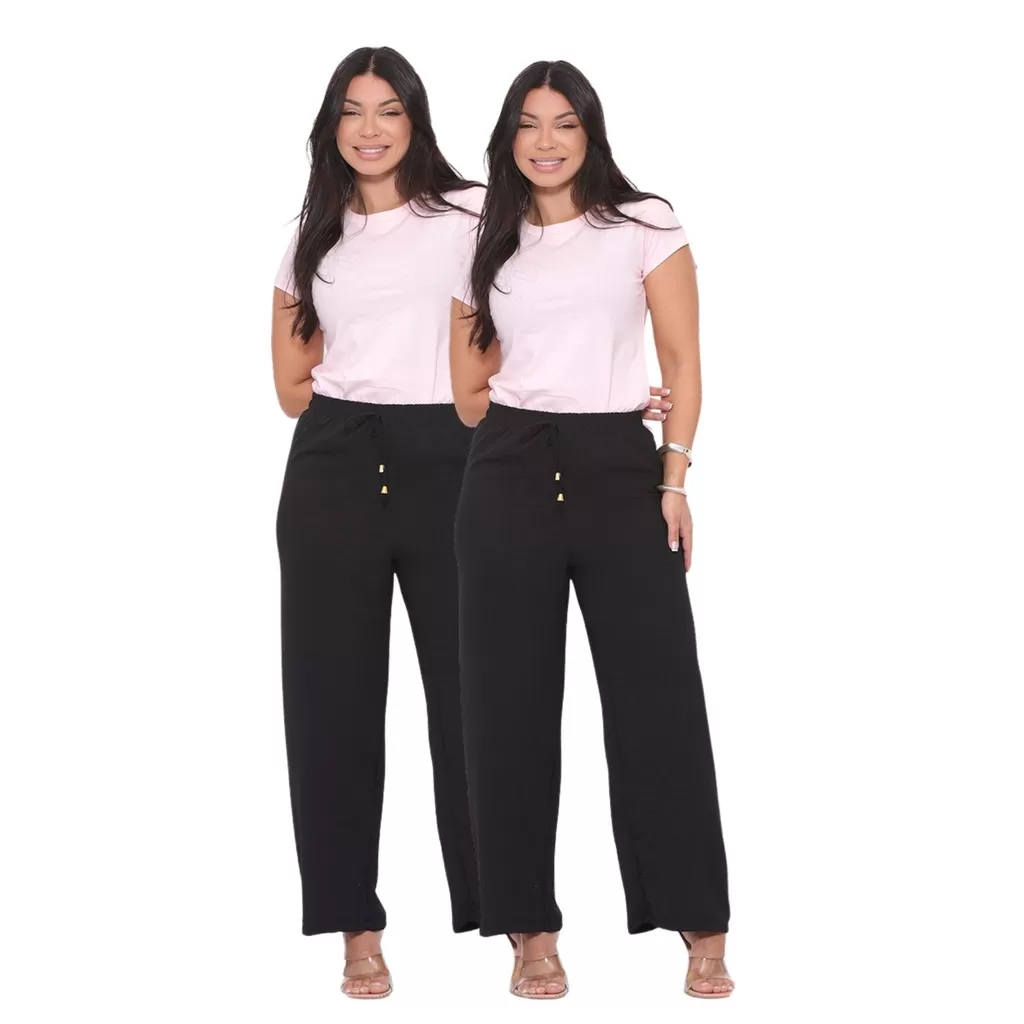 Kit 2 Calças Pantalona Crepe Duna Cintura Elástico Leve Não Amassa