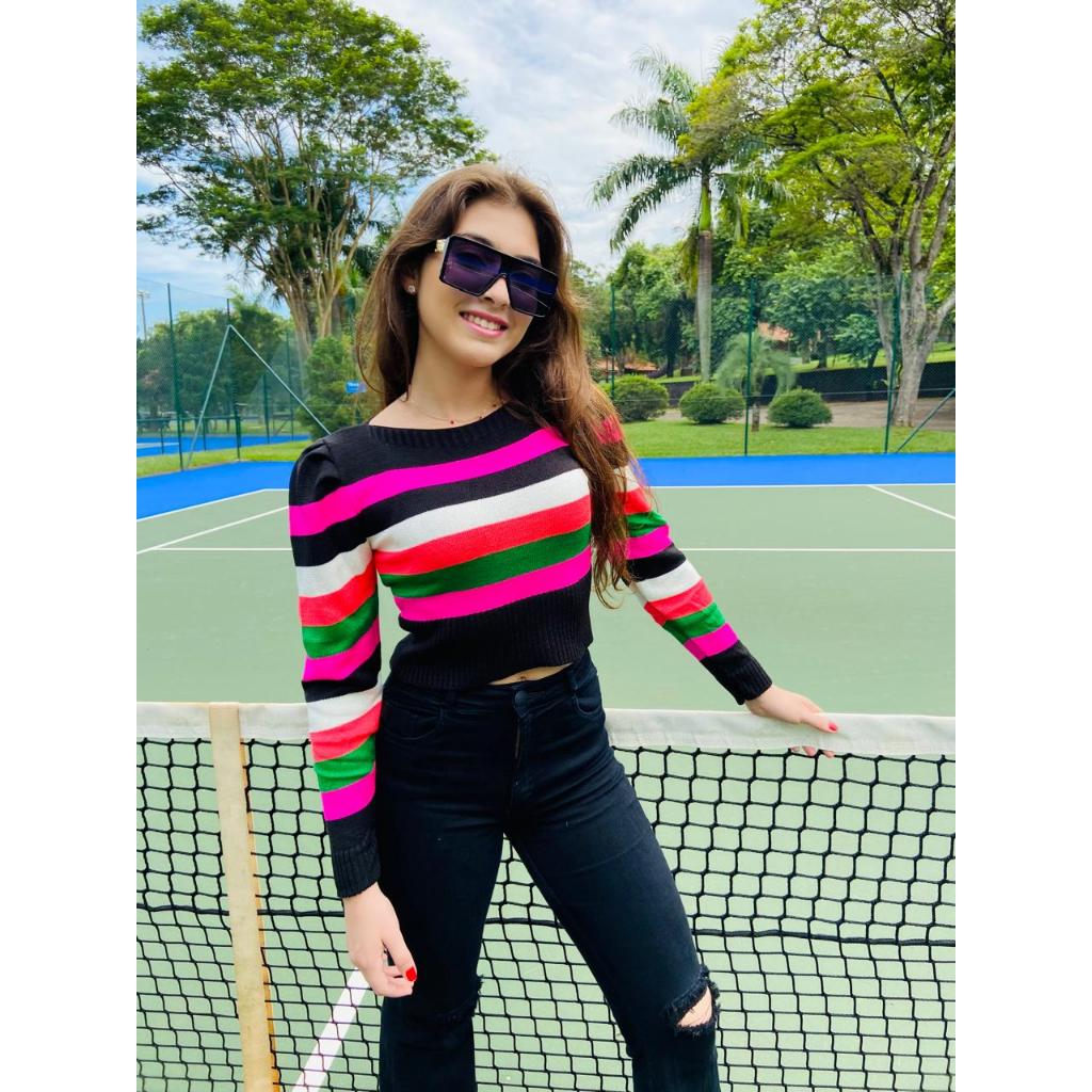 Blusa Cropped Tricot Listrado Manga Longa Colorido de Inverno é Perfeito para Épocas Frias