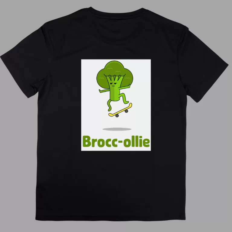 Camiseta Preta Brócolis engraçado em um skate, c