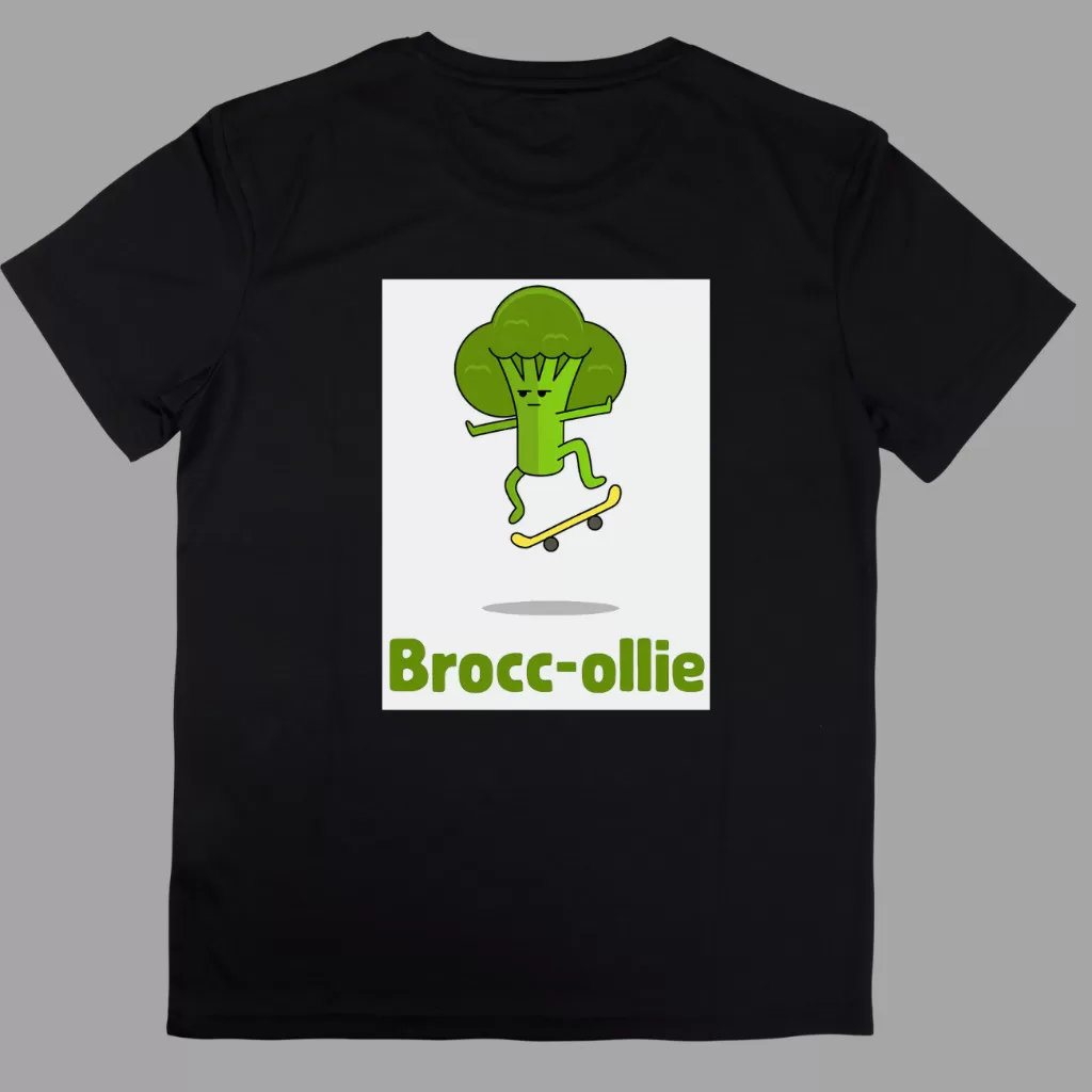 Camiseta Preta Brócolis engraçado em um skate, camiseta de skate Brócolis Brocolis Ollie
