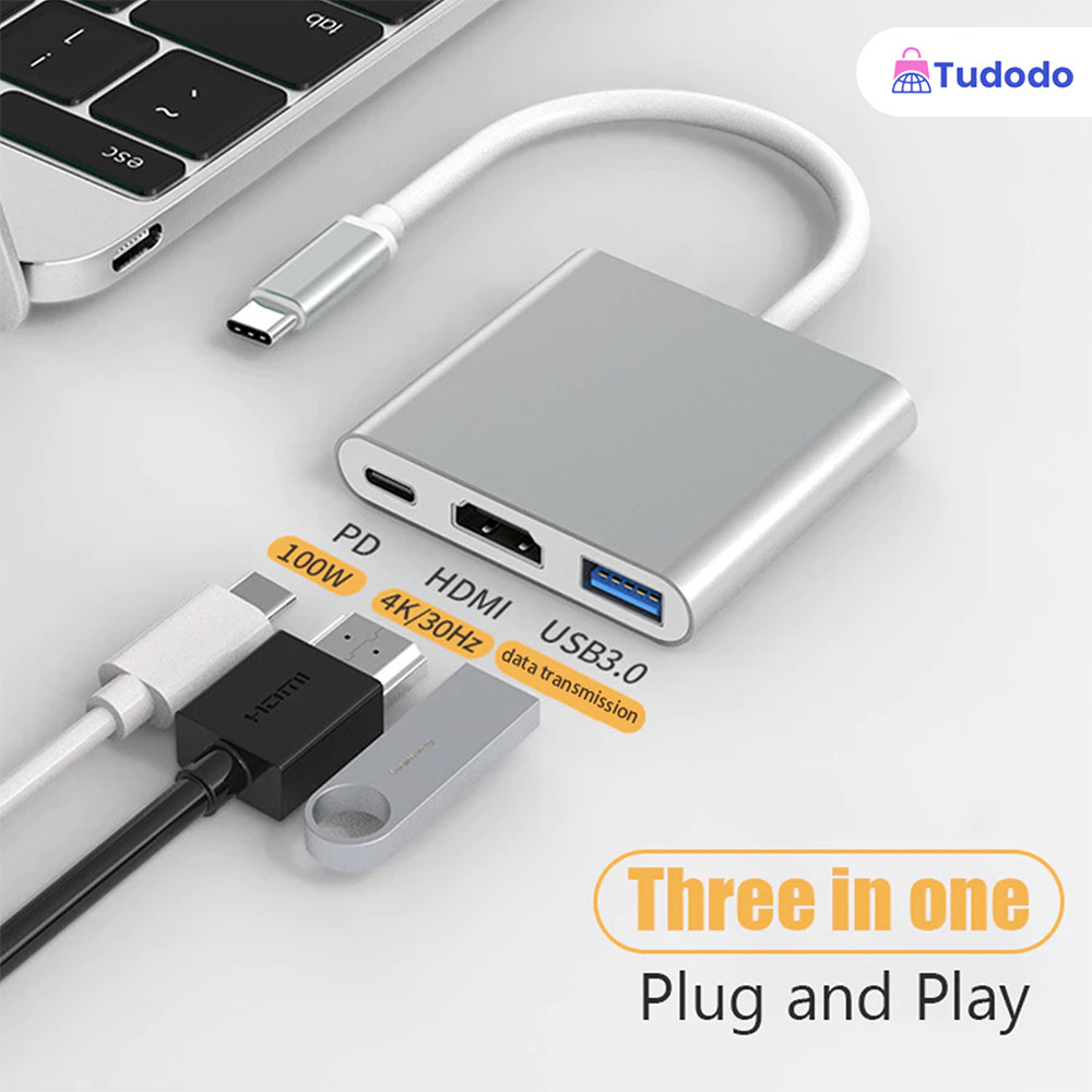 Adaptador 7/3/2 Em 1 Tipo C Hub HDMI 4K USB 3.0 Com Cabo De Dados Carregador De Alumínio De 12 W Par