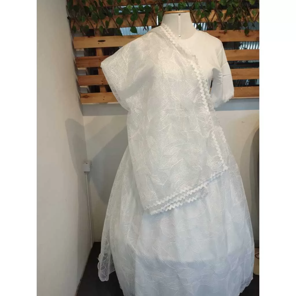 CONJUNTO SAIA + PANO DE COSTA TULE BORDADO BRANCA